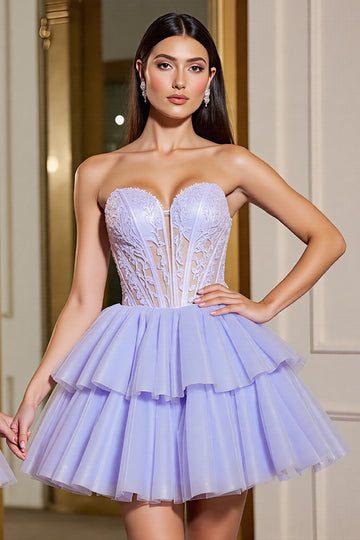 A Line Tulle Lavender Strapless Corset Homecoming Dress